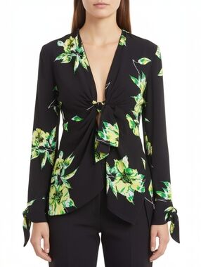 Proenza Schouler Silk Black Floral Tie-Front Blouse Keyhole Cutout Draped Top 4